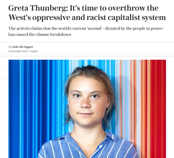 Screenshot von The Telegraph, 2.11.2022: "Greta Thunberg: It's time to overthrow the West's oppressive and racist capitalist system" Mit Foto von Greta Thunberg