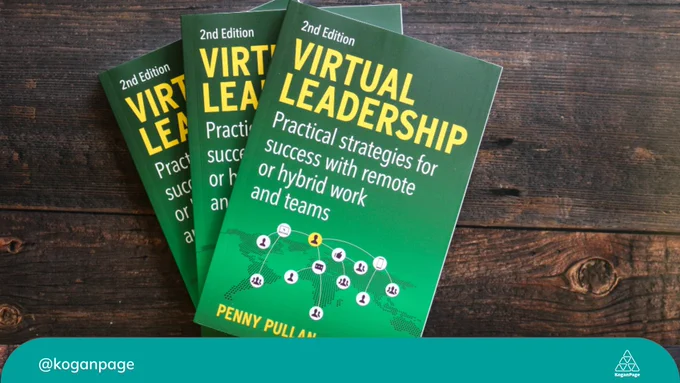 Copies of Virtual Leadership by Penny Pullan on a wooden background