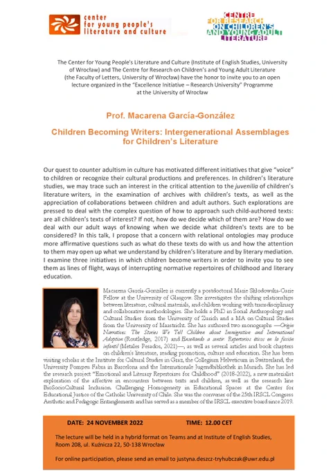 Poster for "Children Becoming Writers: Intergenerational Assemblages for Children’s Literature". For an accessibility copy, email justyna.deszcz-tryhubczak@uwr.edu.pl