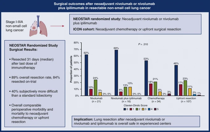 Clavien-Dindo classification 1 = deviation from normal postoperative course without the need for intervention; 2 = complication requiring pharmacological intervention including blood transfusion; 3 = complication requiring invasive intervention; 4 = complication requiring intensive care unit care; and 5 - death. NEOSTAR, Nivolumab With or Without Ipilimumab in Treating Patients With Previously Untreated Stage I-IIIA Non-Small Cell Lung Cancer; ICON, The Immunogenomic Profiling of NSCLC.