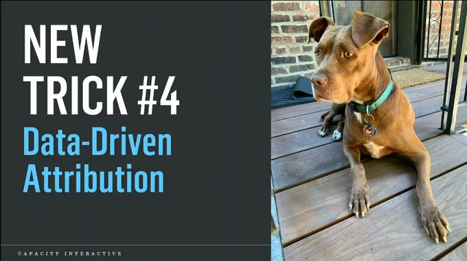 A slide from Capacity Interactive Boot Camp featuring the title 'New Trick #4: Data-Driven Attribution' next to a photo of a brown, short-haired dog with a teal collar