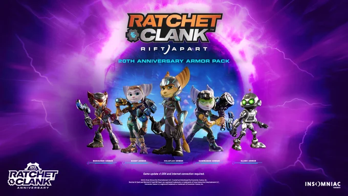 Ratchet & Clank: Rift Apart - 20th Anniversary Armor Pack. It includes Marauder Armor, Quest Armor, Holoflux Armor, Commando Armor, and Clank Armor. Game update v1.004 and internet connection required.