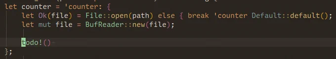 A block of Rust code utilizng `let-else` in conjunction with `break` from labeled blocks.