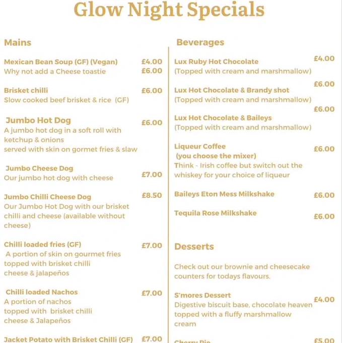 Glow night specials list including hot dogs, chilli, Mexican bean soup (vegan), hot chocolate, liqueur coffee, and s'mores dessert. 