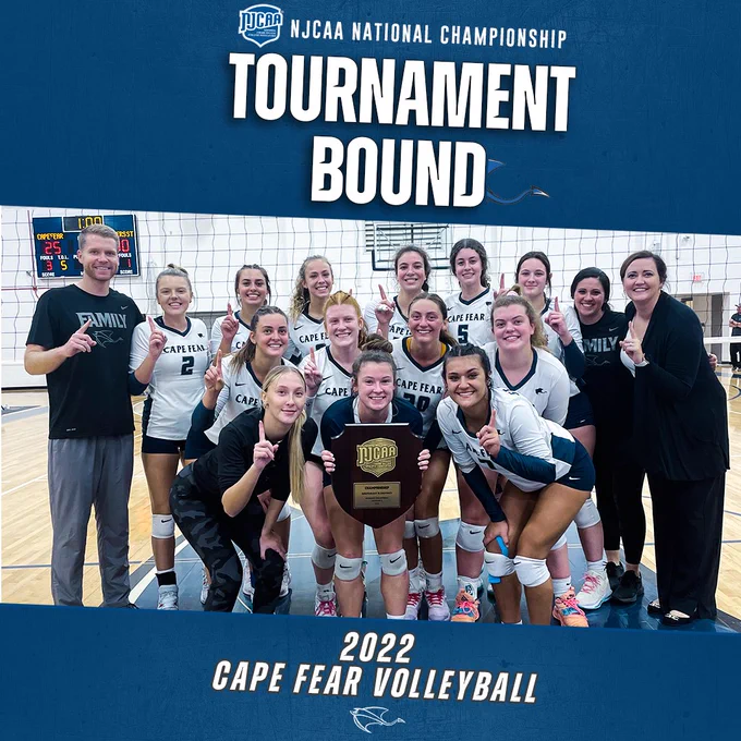CFCC Volleyball team posing with Championship trophy in graphic: 2022 Cape Fear Volleyball NJCAA National Championship Tournament Bound