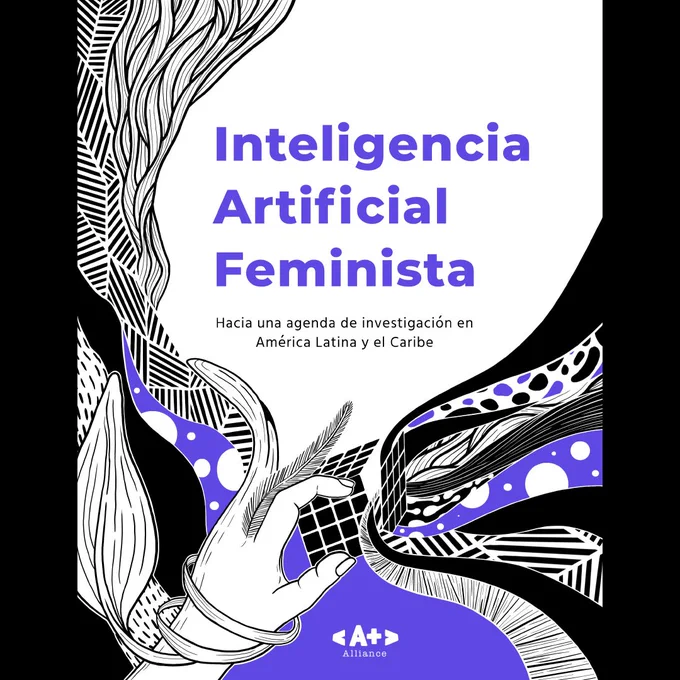 portada publicación inteligencia artificial feminista con ilustraciones en tonos de morado y negro y el título "hacia una agenda de investigación en américa latina y el caribe"