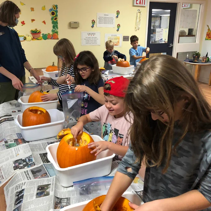 School-aged kids standing side-by-side and scooping seeds out of pumpkins.