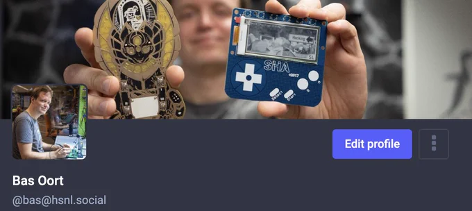 A screenshot of my Mastodon profile showing the same profile pictures as my Twitter one. The avatar is me at Revspace, soldering something. The header image is me holding the Hacker Hotel 2020 and the SHA2017 badges.