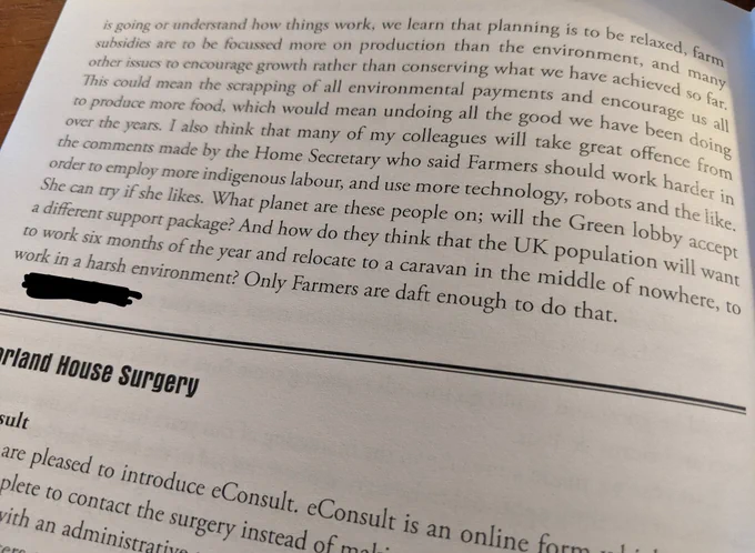 Photo of letter in village bulletin. Conservative farmer decries roll back of environmental initiatives that he once protested, and says Home Secretary can "try if she likes" to employ more indigenous people. "How do they think the UK population will want to work 6 months of the year and relocate to a caravan in the middle of nowhere?" He writes.