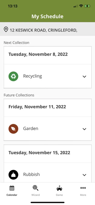 iPhone screenshot of Bin Collections South Norfolk bin day reminder app showing the next collection dates for recycling, garden and rubbish.