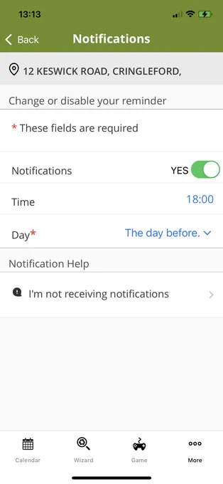 iPhone screenshot of Bin Collections South Norfolk bin day reminder app showing the notification configuration.