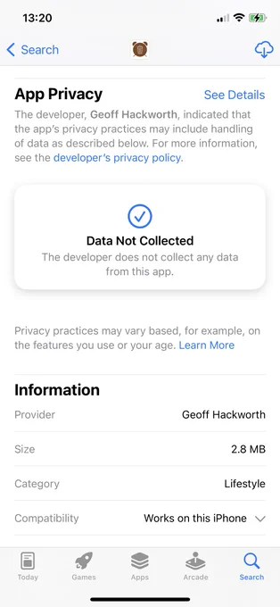 iPhone screenshot of Bin Day Alert App Privacy information in the App Store. No data is collected.