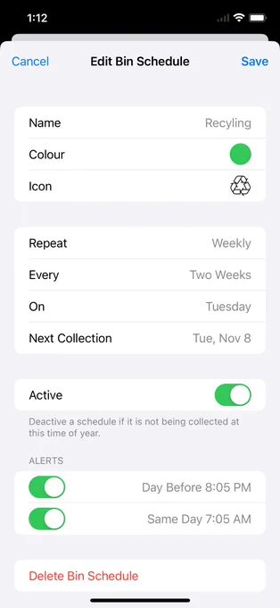 iPhone screenshot showing configuration of the Recycling bin schedule: name, icon, collection frequency and up two two alert times (either of which can be for the day before or same day).