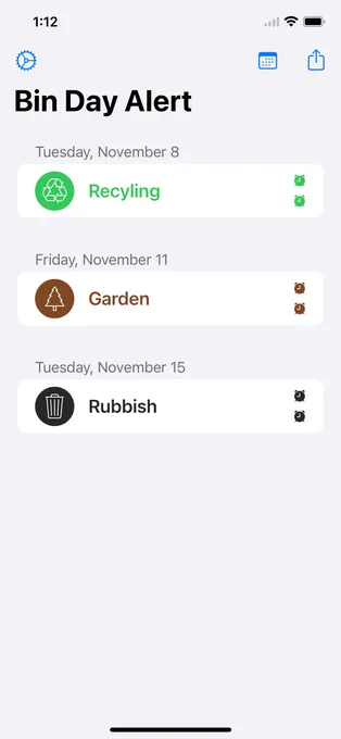 iPhone screenshot of Bin Day Alert app showing the next collection date for each schedule.