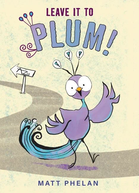 Yellow beige cover with purple peacock smiling in the center on a winding road with a sign shaped like an arrow pointing to the side behind the bird.