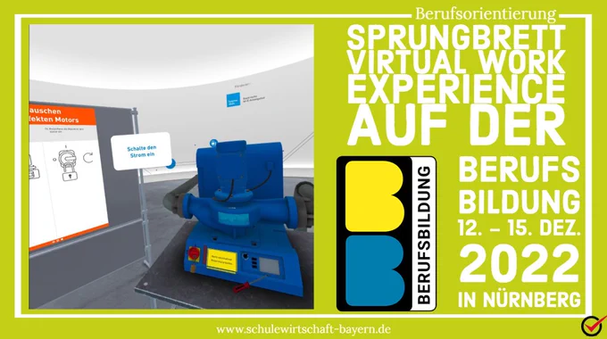 Ein Screenshot aus der VR-Anwendung sprungbrett VWE, zeigt einen Maschinenraum. Daneben Text: Sprungbrett Virtualworkexpierience auf der Berufsbildung!