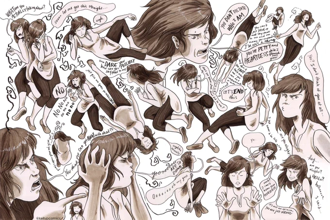 Double-page spread from a comic featuring numerous Kellys in various states of distress and frustration. Figures and faces are contorted, gesturing passionately, or withdrawn. Speech bubbles and text are jumbled between the figures and share sentiments of irritation.