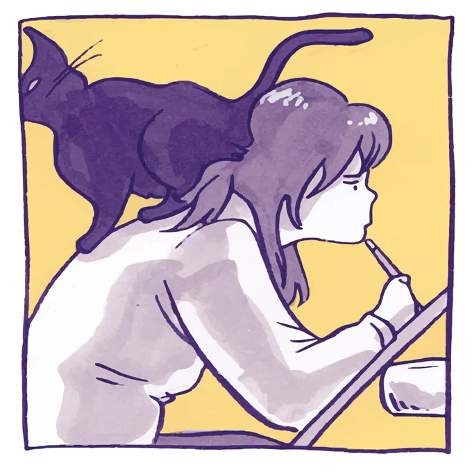 Portrait of the artist in purple and yellow tones. Kelly, seen in profile from the waist up, is hunched over and struggling to draw while her black cat is standing on her back and resting his butt and tail on her head.