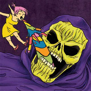 Illustration of Skeletor's head (greenish yellow skull face wearing a purple hooded cloak) with his mouth open. A small girl, with pink hair and wearing a yellow dress and red shoes, is vomiting a rainbow into Skeletor's mouth. (Each image is part of two comic covers: Oh, The Things You Won't Know! and The Phantom of Eternia)