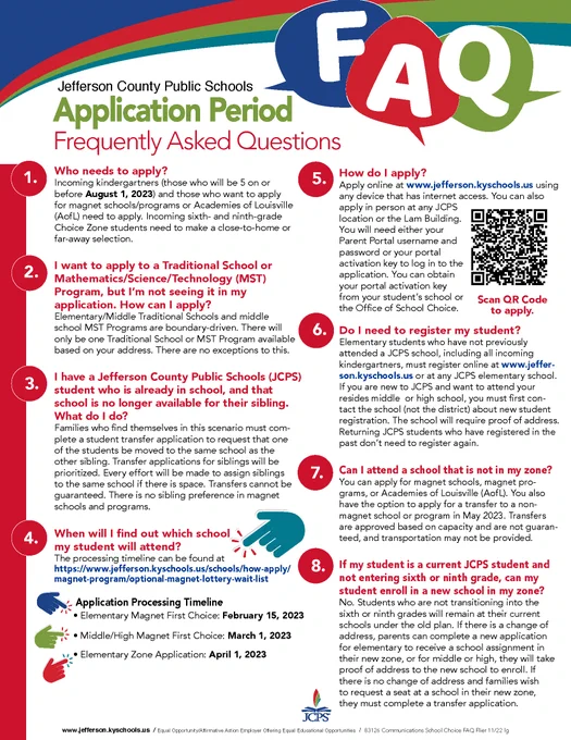 Graphic includes Frequently Asked Questions pertaining to the Jefferson County Public Schools application period. 

For more information, please call the School Choice Office at 502-485-6250 or email jcpsschoolchoice@jefferson.kyschools.us.