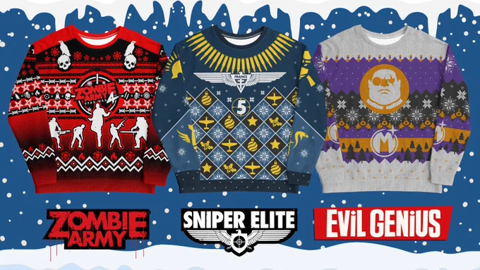 Three festive jumpers in a row, one with Zombie Army patterns, one with Sniper Elite patterns, and the last with Evil Genius patterns, all on a snowy blue background with a blanket of snow at the bottom, and three logos for each three games.