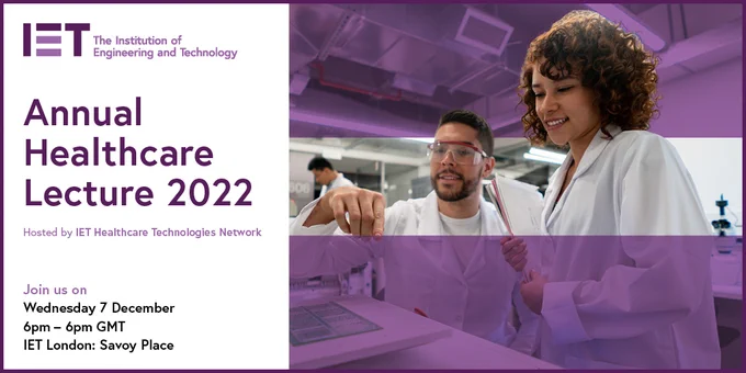 Text announcing Annual Healthcare Lecture 2022, man, woman, medical research