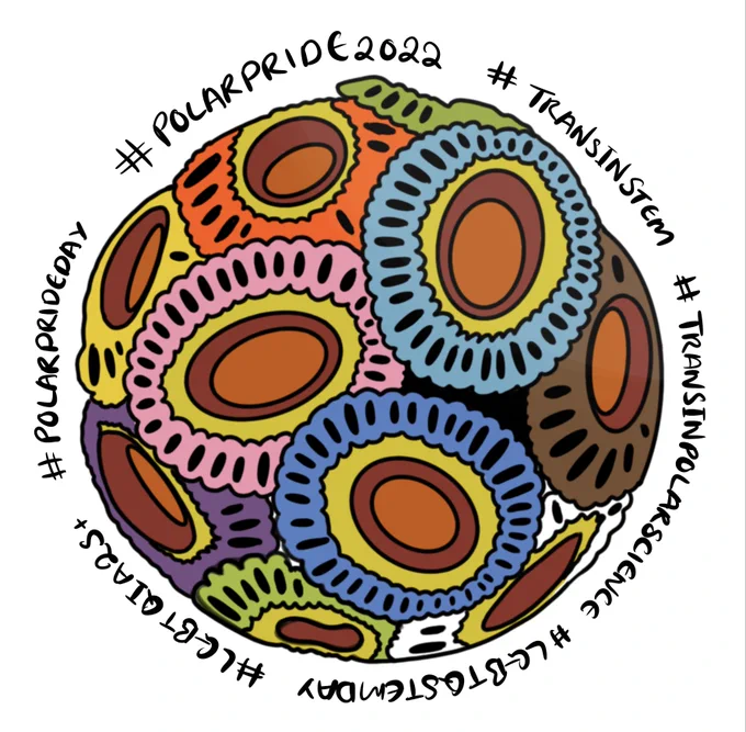 Drawing of a coccolithophore using lots of different colours. Located around the coccolithophore are the hashtags #LGBTQIA2S , #POLARPRIDEDAY, #POLARPRIDE2022, #TRANSINSTEM, #TRANSINPOLARSCIENCE, and #LGBTQSTEMDAY in handwriting