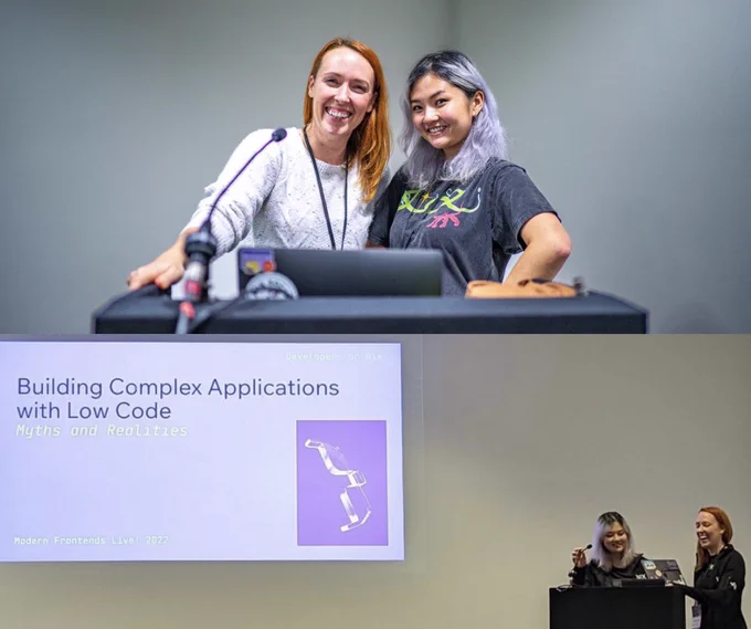 Emmy Cao and Amanda Martin onstage at Modern Frontends Live, presenting a screen that reads “Building Complex Applications with Low Code”.