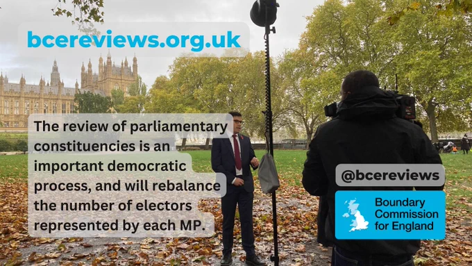 Photo of Secretary to the Commission Tim Bowden in front of Parliament. Text says The review of parliamentary constituencies is an important democratic process, and will rebalance the number of electors represented by each MP. BCE logo and handle @bcereviews.