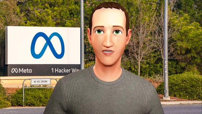 Mark Zuckerberg's Metaverse icon standing in front of a Meta sign.