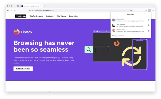 Firefox window with Unified Extensions panel open, showing three enabled extensions of which one is requiring permissions to be granted.