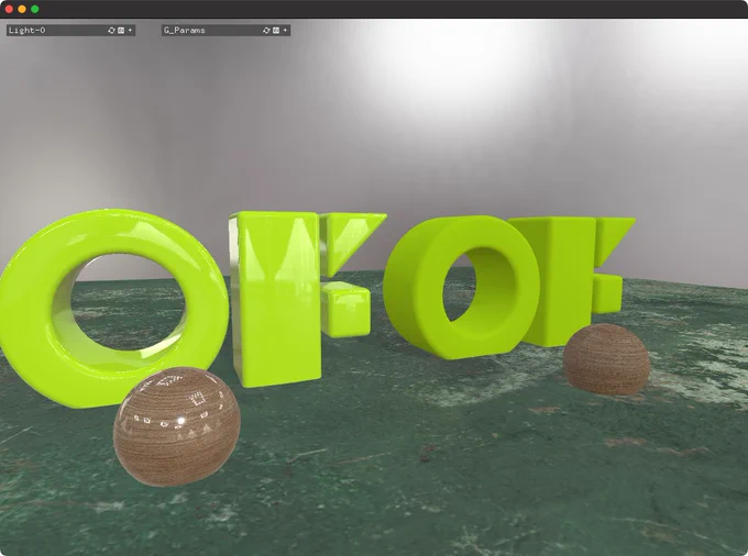 Two green OF logos side by side with pbr lighting applied. The one on the left has strong specular reflections, making it look glossy while the one on the right appears matte.