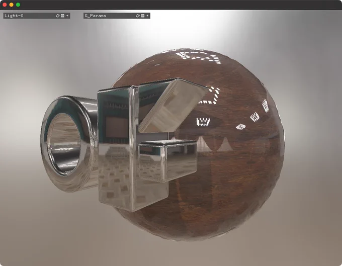 Shiny metal OF logo in front of a sphere with a wood texture and strong specular highlights that make it look glossy.