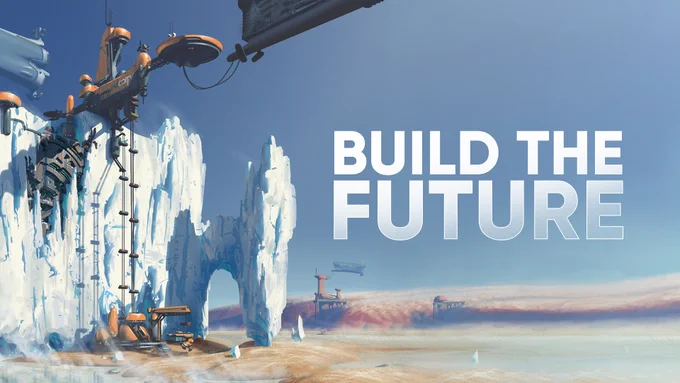 Build The Future artwork from Splash Damage. A beautiful, serene, icy landscape. A few scattered industrial elements populate the picture.