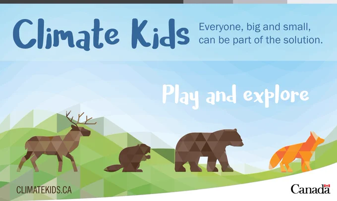 Animals in nature. Text: Climate Kids- Everyone, big and small, can be part of the solution. Play and explore!