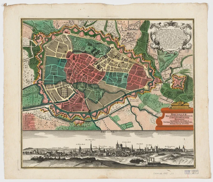 richly hand-colored map of Brussels above a bird's eye view of the city with major landmarks labeled. 