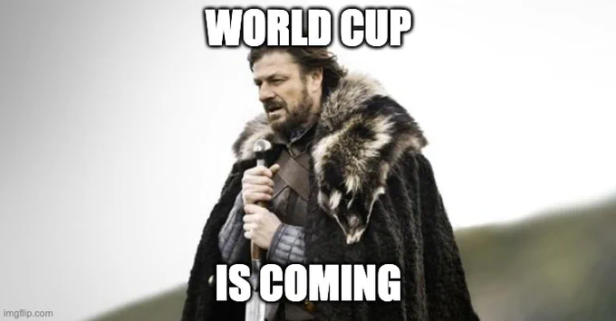 Ned Stark from Game of Thrones holds a sword and looks pensive. The text reads "World Cup is coming."