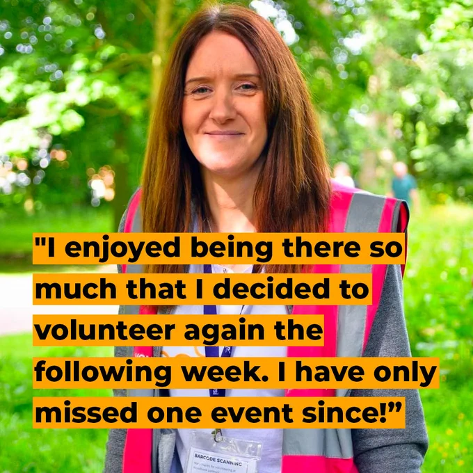 Image of Sarah wearing pink volunteers vest with the following quote on top of the image - "I enjoyed being there so much that I decided to volunteer again the following week. I have only missed one event since!"