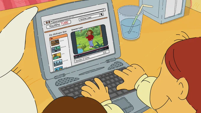 Muffy and friends sit in front of a laptop computer. On the laptop screen is YouWho Tube, a fictional video platform. Muffy is playing a video of Francine.