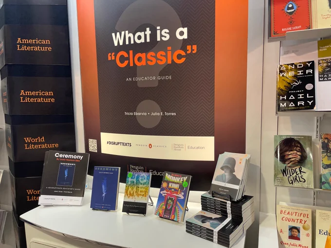 “What is a classic” display with Ceremony, the penguin book of migration literature, Monkey King, Passing