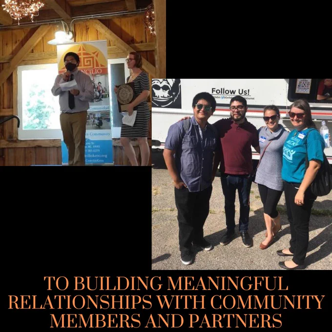 Two photos and text which reads: to building meaningful relationships with community members and partners. One photo of a young man delivering a thank you and receiving an award. One photo of four adults standing together wearing sunglasses at the Farmer's Market.