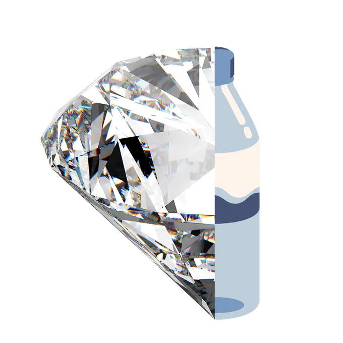 A picture split in two, showing a shiny diamond and an illustration of a plastic water bottle.