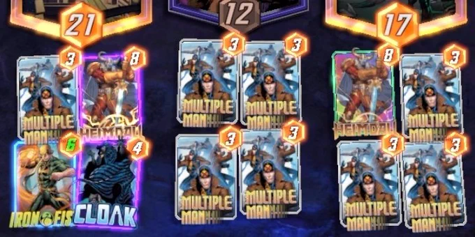 A screenshot of my half of the marvel snap game where most cards played are Multiple Man.