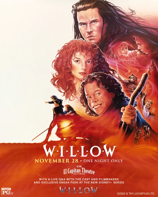 A light cream-colored poster with artwork of character headshots from Willow (1988) including Willow, Sorsha and Madmartigan towards the right. Around and below them is a red and orange fog. Between the headshots there are smaller images of characters from the movie to the right, including Willow looking at a baby, General Kael raising a sword, Queen Bavmorda reaching upwards, the High Aldwin & Rool and Franjean. To the lower left of the character headshots is Willow on Madmartigan’s shoulders with Sorsha behind them. They are walking to the left. Willow is pointing. In the lower third of the poster is info included in the copy.
