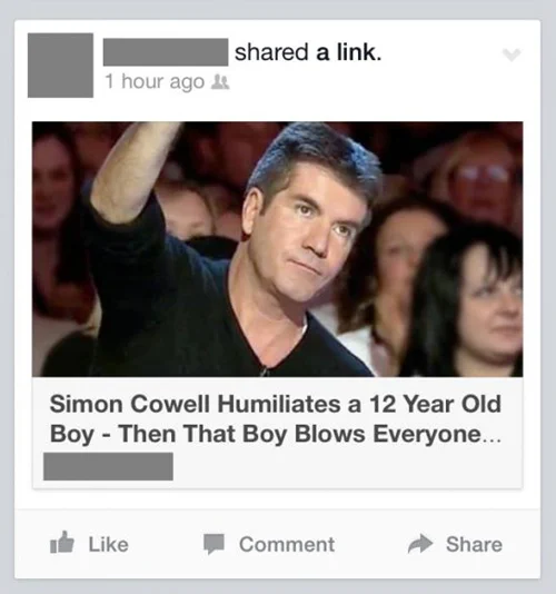 Heavily redacted Facebook article share

Simon Cowell Humiliates a 12 Year Old Boy — Then That Boy Blows Everyone