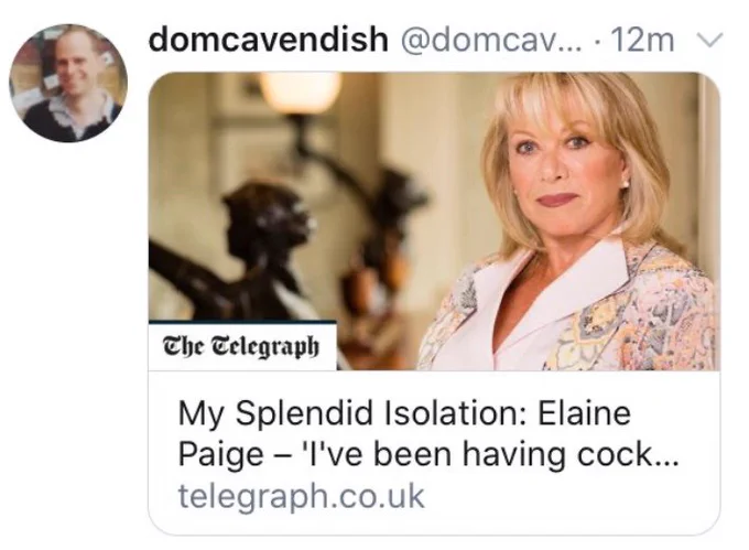 The Telegraph

[Photo of English musical theater singer and actress, Elaine Page]

My Splendid Isolation: Elaine Page — 'I've been having cock…

telegraph.uk