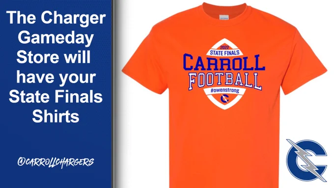 Final State Shirts:
https://carrollhsfootballstate.itemorder.com/shop/home/

Youth - Adult XL $15
XXL-XXXL $17

Deadline 11:59 SUNDAY (TOMORROW).  This is the only way to guarantee a shirt is to order.

Pick up at Carroll Wednesday PM (exact time TBD).

Share with family/friends.