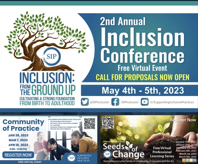 Screenshot of three free webinar opportunities the supporting inclusive practices team is offering.