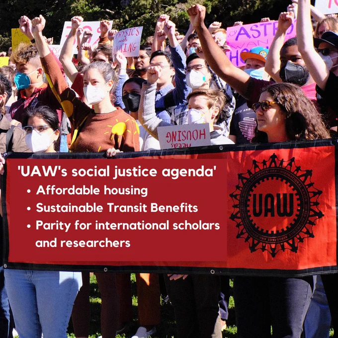 A photo of a crowd of about a dozen academic workers standing with their fists raised outside. Two in the front are holding a red banner with the UAW logo. On top of the banner is superimposed with the text 'UAW's social justice agenda' 
-Affordable housing 
-Sustainable Transit Benefits 
-Parity for international scholars and researchers
