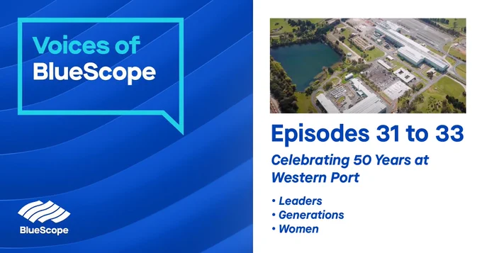 Podcast artwork on the left with an aerial photo of the Western Port site to the right and the title ‘Celebrating 50 Years at Western Port’